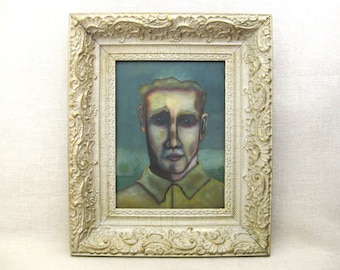 Surreal Male Portrait Painting Framed Original Wall Art Moody Home Décor Housewarming Gift