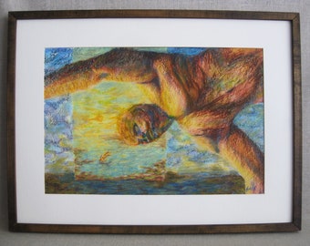 Surreal Male Portrait Drawing Original, Vintage Framed Oil Cray Pas on Paper Large Wall Art Contemporary Home Décor