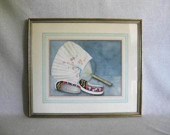 Asian Still Life Watercolor Painting, Original Framed Vintage Fan Wall Art Feminine Chinoiseries Home Décor