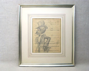 Original Male Portrait Drawing, Folk Art Framed Harlem Renaissance Vintage Wall Art Home Décor