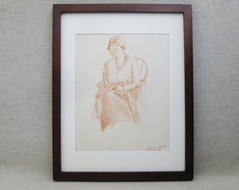 Vintage Female Portrait Original Drawing, Framed Original Fine Art