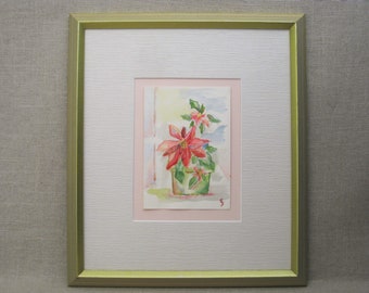 Vintage Floral Still Life Painting Watercolor Original Flower Wall Art Poinsettia Framed Cottage Wall Décor
