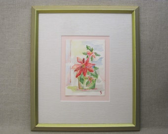 Vintage Floral Still Life Painting, Watercolor Original Flower Wall Art, Poinsettia Framed Cottage Wall Décor