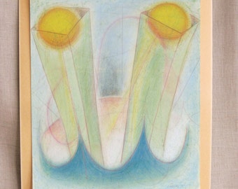 Vintage Surreal Abstract Colored Pencil Drawing, Original Fine Art, Latin American Art, Architectural