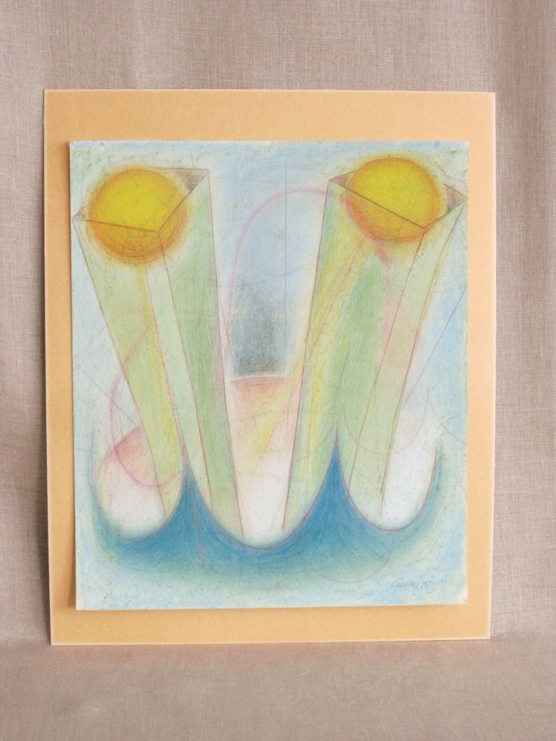 Peut inclure: Dessin d'art abstrait avec deux cercles jaunes au centre de deux formes rectangulaires vertes et blanches. Les formes sont sur une vague bleue et un fond bleu clair.