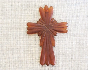 Vintage Cross Pendant Carved Religious Folk Art Plastic Crucifix Charm