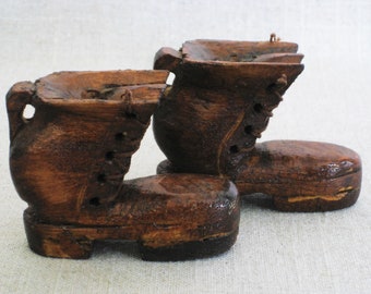 Vintage Miniature Shoe, Folk Art Carving, Miniature Boot Sculpture, Tree Ornaments Primitive Rustic Decor