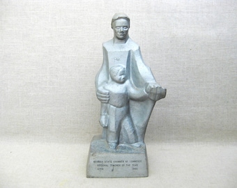 Mid-Century Female Figure Portrait Sculpture, Mid-Century Teachers Award Statue Cast Metal Figural Art