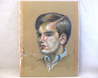 Mid-Century Male Portrait Drawing, Original Vintage Wall Art Masculine Home Décor