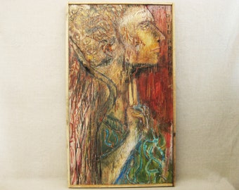 Outsider Folk Art Female Portrait Painting, Framed Original Wall Art Rustic Cabin Home Décor