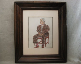 Vintage Male Portrait Drawing, Folk Art, Framed Original Fine Art, Earle T Merchant