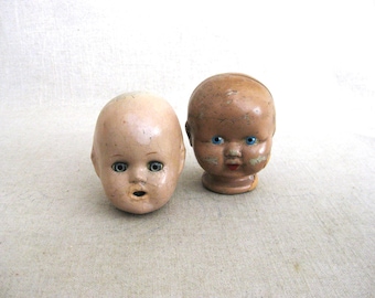 Vintage Composite Doll Heads, Pair Creepy Blue Eye Males Mid-Century Toys