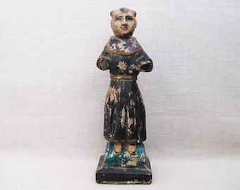 Primitive Santos Religious Figure Carved Wood Sculpture, Antique 19th Century Mexican Folk Art