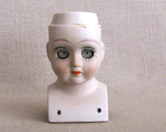 Vintage Bisque Doll Head, Female Bust Open Dome Ceramic Toy Parts