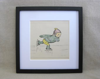 Female Portrait Drawing, Original Framed Ice Skates Ink and Colored Pencil Illustration, Kids Nursery Décor