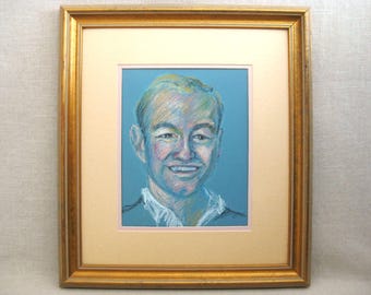 Mid-Century Male Portrait Drawing, Framed Original Vintage Art Pastel Gift for Him