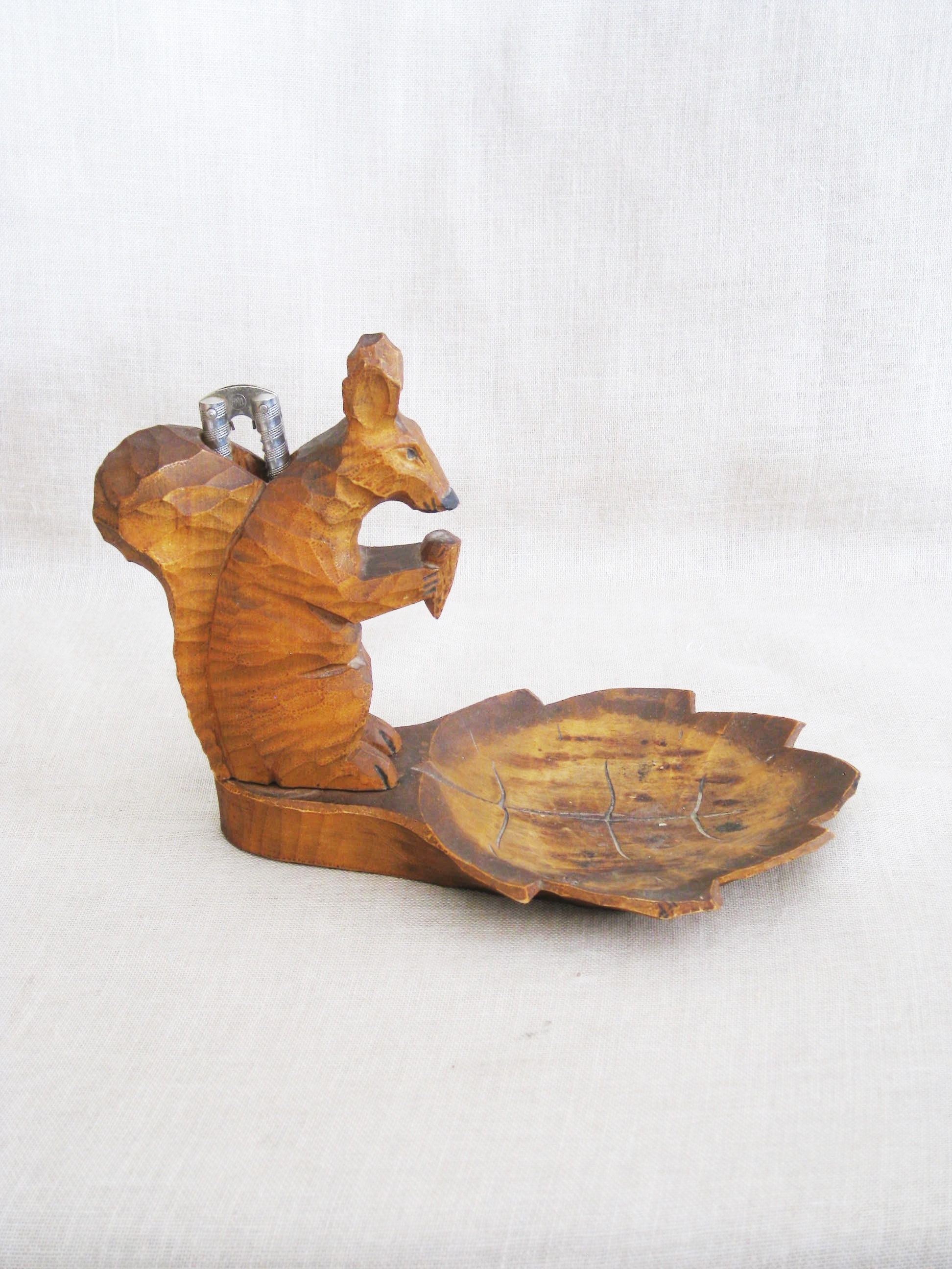 Vintage Carved Wooden Squirrel Nut Cracker On Leaf Shaped Dish