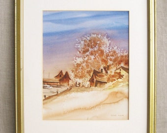 Vintage Landscape Watercolor Painting Shoreline Original Fine Art Framed, Wall Décor