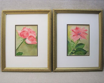 Vintage Flower Watercolor Painting of Pink Roses Floral Still Life Framed Original Fine Art in Gold Wooden Frames