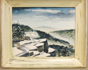 Winter Vintage Landscape Watercolor Painting Snowy Mountain Original Framed Mid-Century Fine Art Gift