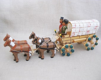 Vintage Folk Art Covered Wagon Sculpture Wooden Horse Drawn Carriage Assemblage