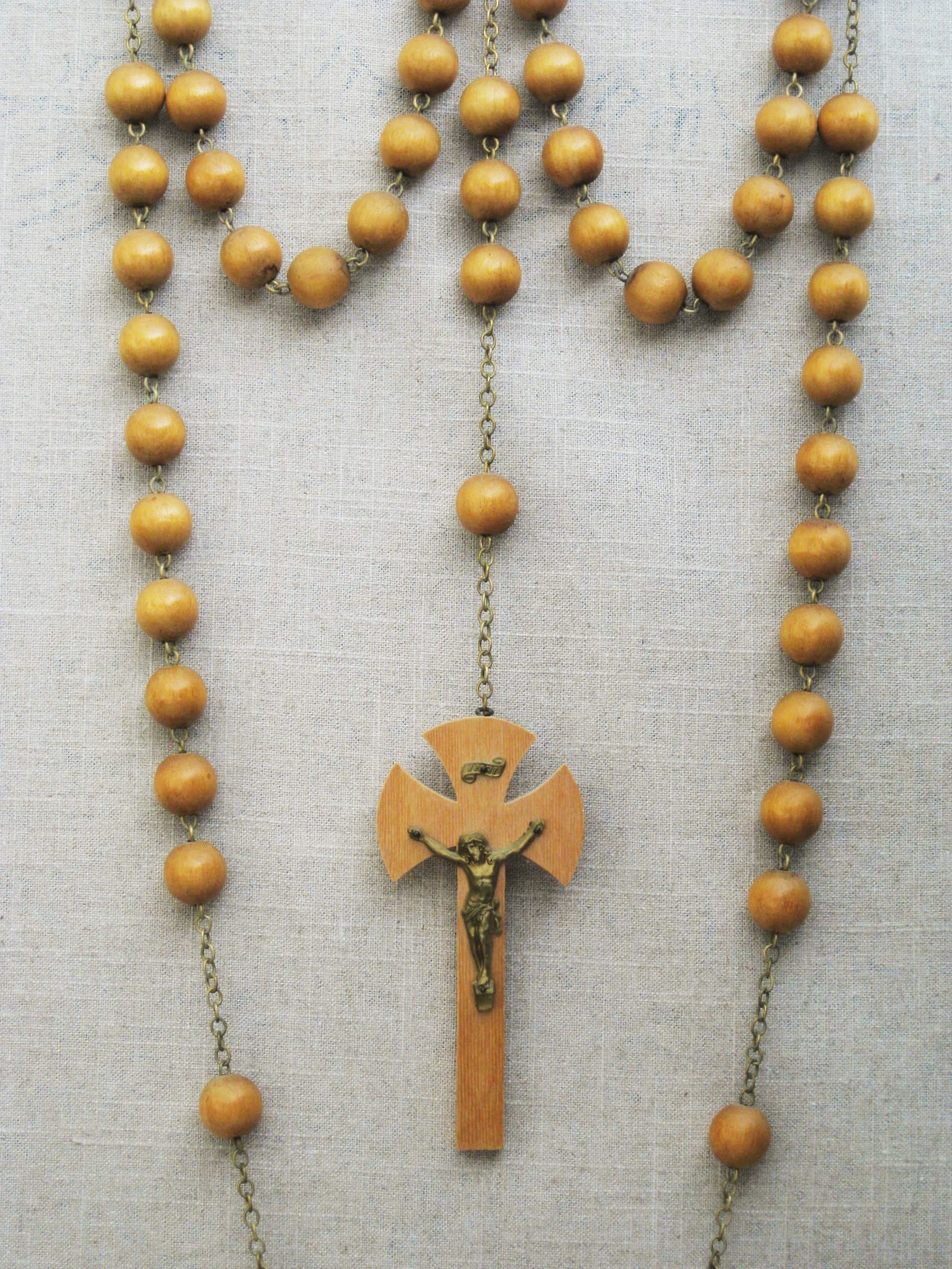 Vintage Wall Rosary, Over Sized Wooden Prayer Bead Wall Hanging