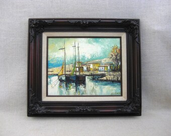 Vintage Seaside Sailboat Landscape Painting Original Framed Coastal, Mid-Century Nautical