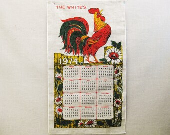 1974 Dated Linen Tea Towel, Rooster Dish Cloth, Vintage Calendar Anniversary Gift