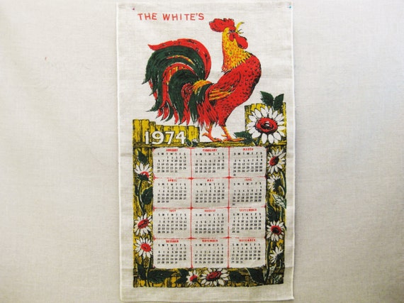 Vintage Linen Tea Towel Rooster Dish Cloth 1974 Calendar