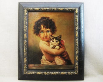 Vintage Female Portrait Cat Painting Framed Child Original Signed Nic Lenz