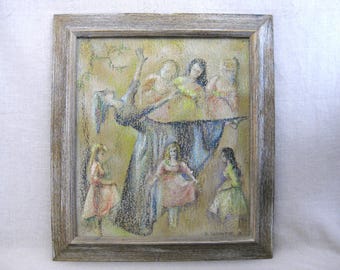 Mid-Century Female Portrait Oil Painting, Original Dancers Framed Vintage Mid-Century Wall Art