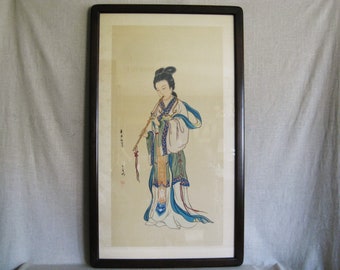 Vintage Female Portrait Geisha Art Japanese Wall Décor, Large Asian Art Framed Original Fine Art
