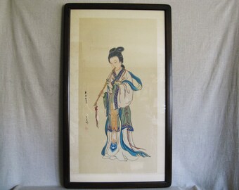 Large Asian Female Portrait Painting, Original Geisha Art Japanese Wall Décor Framed Vintage Housewarming Gift
