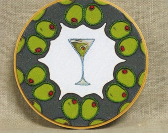 Hoop Art Embroidery, Hand Embroidered, Martini Glass, Olives Wall Decor