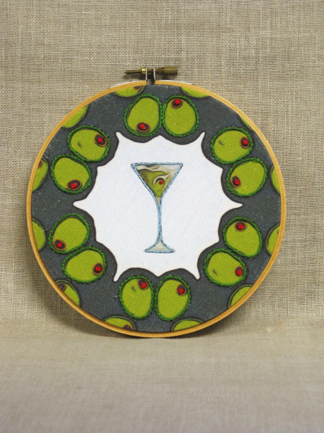 Hoop Art Embroidery Hand Stitched Sewn Martini Glass with Olives Bar