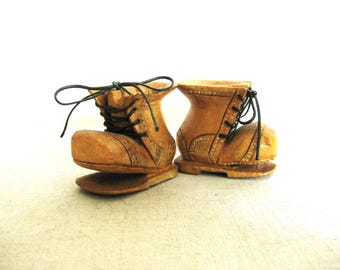 Rustic Wooden Boot Folk Art Sculpture, Miniature Shoe Carving Pair Primitive Rustic Décor Hostess Gift