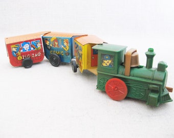 Vintage Windup Tin Toy Train Litho Print Metal Locomotive Mid-Century Toys