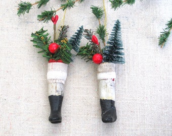 Folk Art Doll Leg Christmas Tree Ornaments Santa Boot Holiday Décor Odd and Unusual Mantle and Nursery Décor
