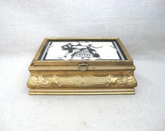 Vintage Wooden Jewelry Box, Glass w Interior Mirror Vanity Storage Home Office Organization Reverse Painted Glass