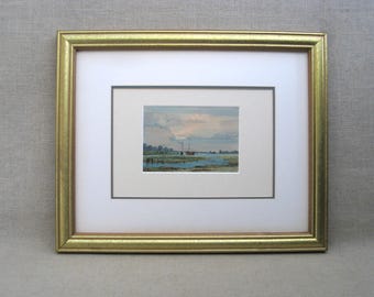 Serene Waterfront Landscape Painting, Original Watercolor, Framed European Shoreline Wall Art