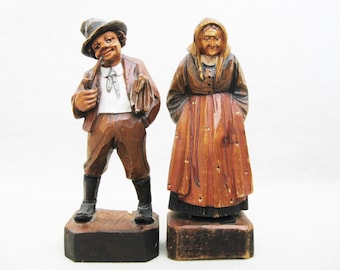 Folk Art Figure Carvings, Male and Female Portrait, European Rustic Cabin Home Décor Wedding Gift