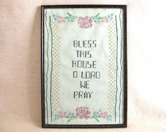 Vintage Cross Stitch Embroidery Bless This House Oh Lord Hand Stitched and Framed Wall Décor Cottage and Cabin