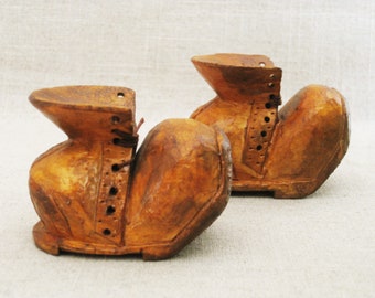 Carved Vintage Wooden Shoe Folk Art Boot Sculpture Miniature Pair Primitive Rustic Décor