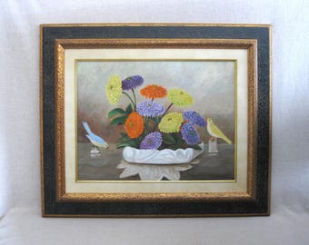 Vintage Floral Still Life Painting, Original Large Framed Birds Flower Art Dining Room