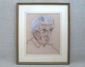 Mid-Century Male Portrait Drawing, Framed Original Vintage Wall Art Masculine Home Décor