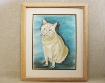 Vintage Cat Portrait Watercolor Painting Feline Animal Art Framed Original Fine Art Wall Décor