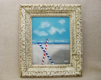 Beach Landscape Painting Framed Original Fine Art, Seaside Ocean, Coastal Casual Wall Décor