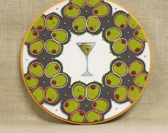 Hoop Art Hand Embroidery Martini Olives Cocktail Bar Décor