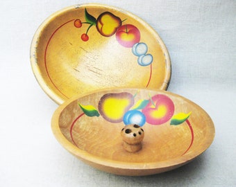 Vintage Wooden Bowls, Hand Painted Primitive Footed Bowl, Mid-Century, Kitchen, Dining
