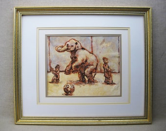Vintage Elephant Circus Watercolor Painting Framed Original Animal Fine Art Wall Décor